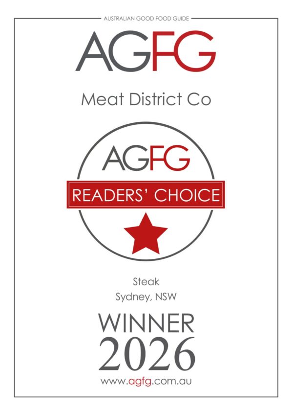 AGFG Readers' Choice 2026 Winner certificate — Meat District Co, Steak, Sydney NSW